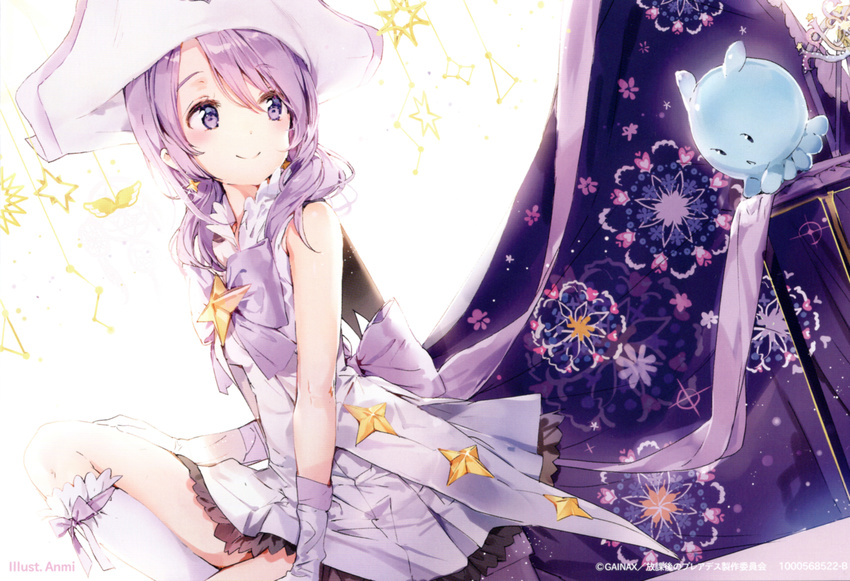 absurdres anmi earrings gloves hat highres houkago_no_pleiades jewelry long_hair nanako_(houkago_no_pleiades) pleiadean purple_eyes purple_hair white_legwear