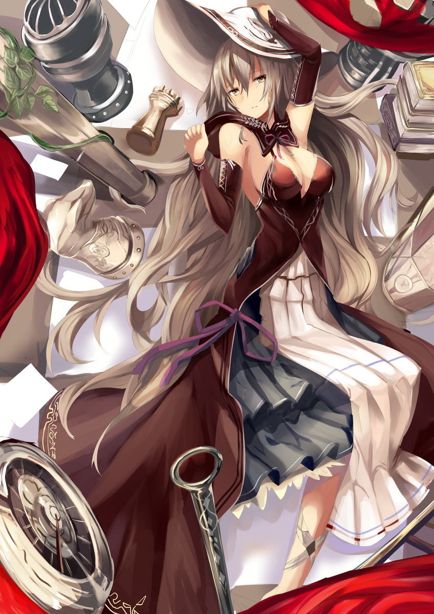 arm_up armpits bare_shoulders breasts brown_dress chess_piece chessboard cleavage detached_sleeves dress frown haik hat highres knight_(chess) large_breasts long_hair looking_at_viewer lying on_back original rook_(chess) silver_hair solo very_long_hair white_hat yellow_eyes