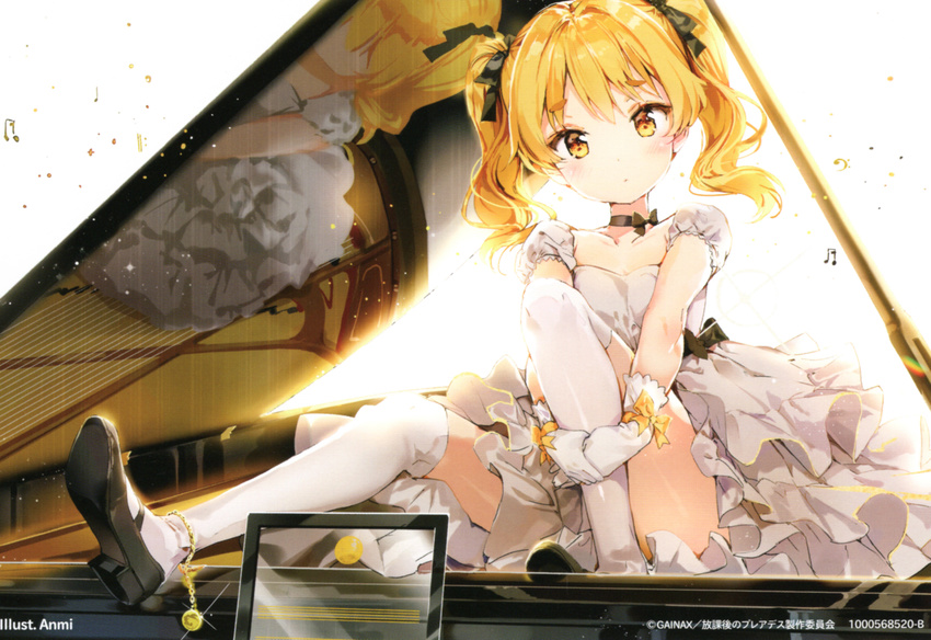 absurdres anmi artist_name backlighting blonde_hair choker dress flat_chest gloves hair_ribbon highres hikaru_(houkago_no_pleiades) houkago_no_pleiades instrument mary_janes piano reflection ribbon shoes solo thighhighs twintails white_legwear yellow_eyes