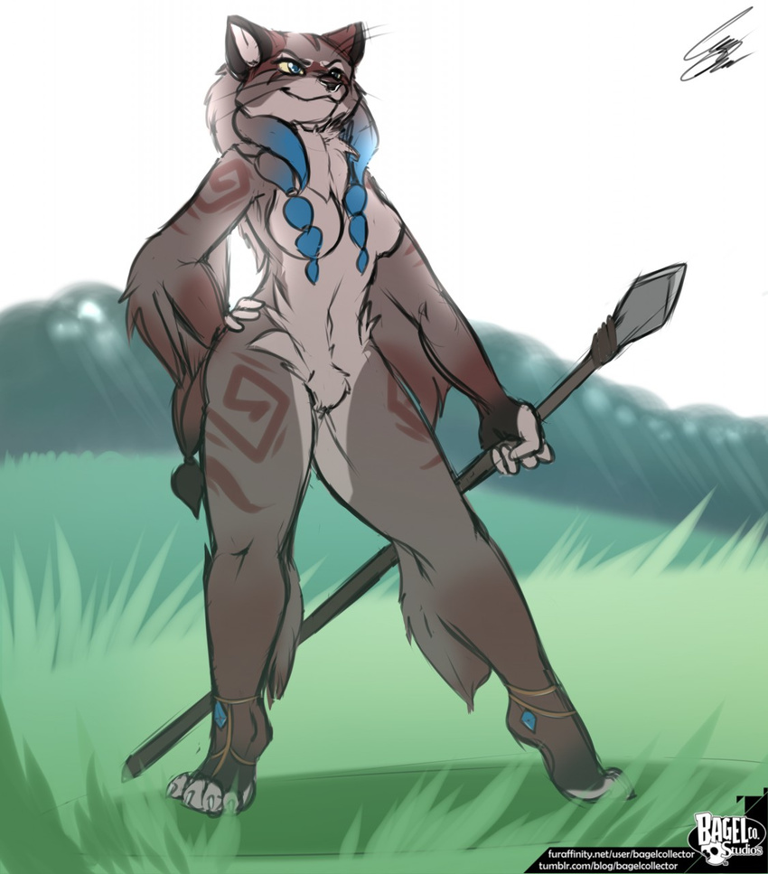 anthro bagelcollector breasts featureless_breasts featureless_crotch feline female fur mammal markings melee_weapon navel nude outside polearm smile solo spear standing tribal_markings weapon