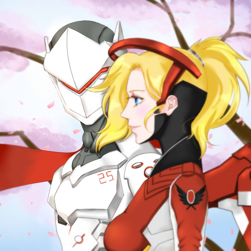 1girl alternate_color armor blonde_hair blue_eyes bodysuit breasts cherry_blossoms closed_mouth cyborg eyelashes from_side genji_(overwatch) hair_ornament hair_tie headband headgear helmet lips mask mechanical_halo medium_breasts mercy_(overwatch) overwatch petals pink_lips ponytail power_armor turtleneck upper_body veil wing_print