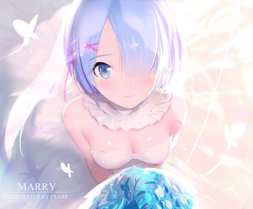 alternate_hairstyle artist_name bad_id bad_pixiv_id blue_eyes blue_flower blue_hair blush bouquet breasts bridal_veil bug butterfly clare_(543) cleavage closed_mouth confetti detached_collar dress flower from_above hair_ornament hair_over_one_eye hair_ribbon happy highres insect looking_at_viewer medium_breasts pink_ribbon re:zero_kara_hajimeru_isekai_seikatsu rem_(re:zero) ribbon shade shiny shiny_skin short_hair silhouette smile solo strapless strapless_dress upper_body veil wedding_dress white_dress x_hair_ornament