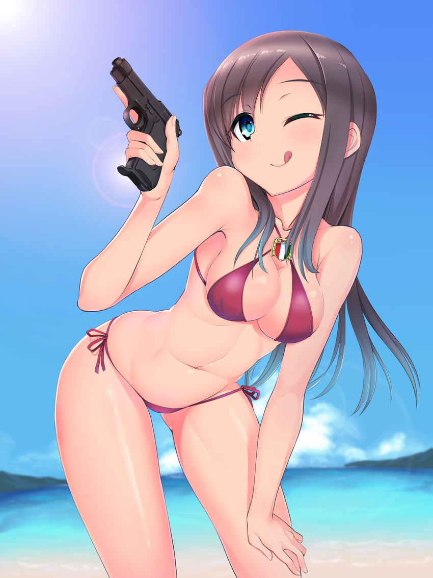 1girl a9b_(louis814) bikini federica_n_doglio green_eyes long_hair pistol red_bikini strike_witches swimsuit wink