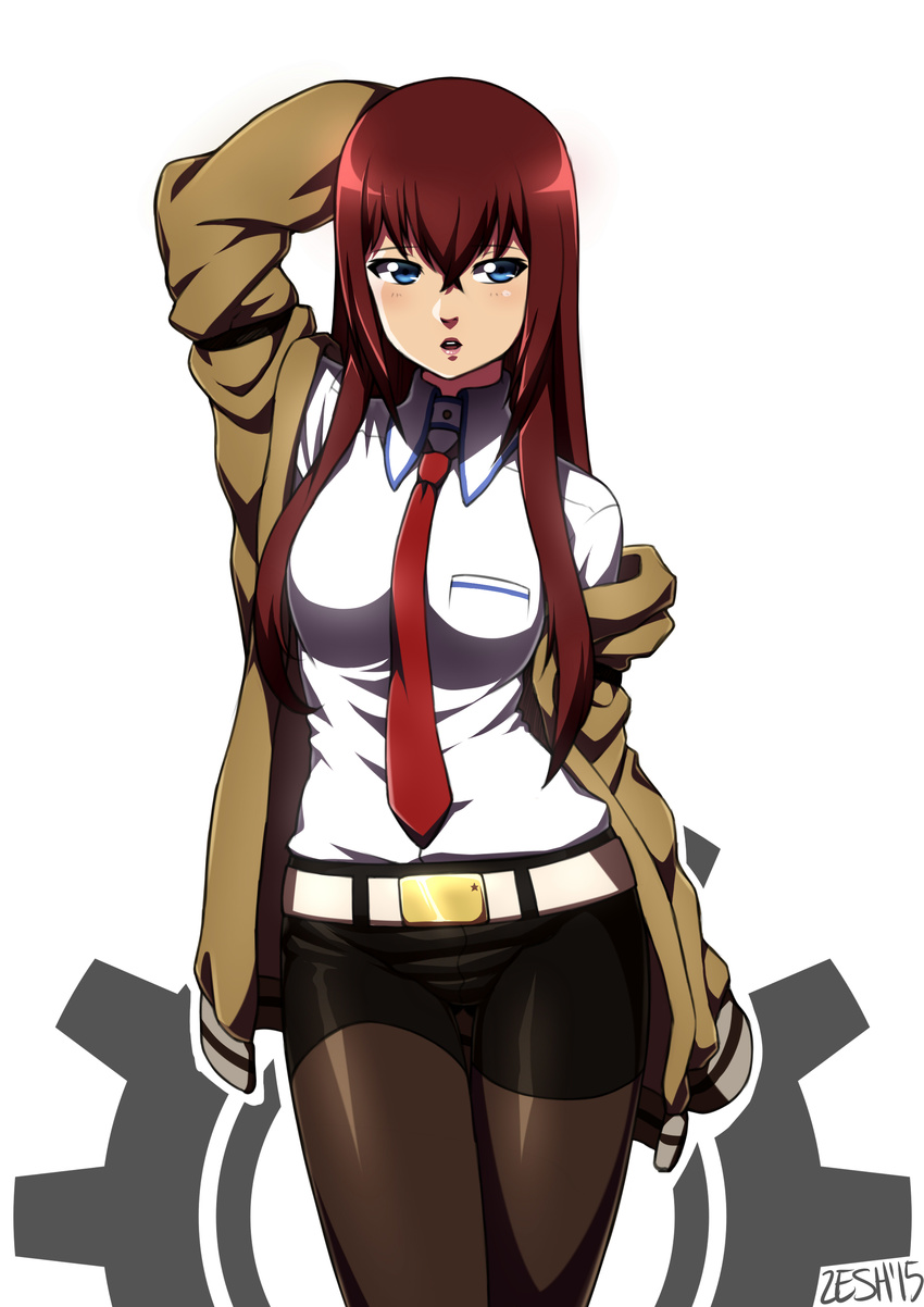 absurdres artist_name black_legwear blue_eyes contrapposto dated gears hand_behind_head highres jacket legwear_under_shorts long_hair makise_kurisu necktie off_shoulder open_mouth pantyhose pantyhose_under_shorts red_hair red_neckwear shirt short_shorts shorts signature solo standing steins;gate zeshgolden