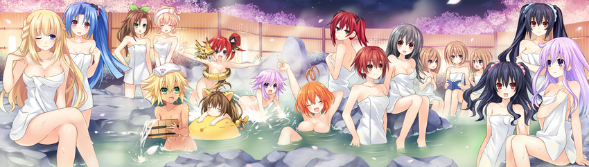 6+girls :d :o ;) absurdres ahoge animal_ears arched_back arm_up ass bare_shoulders bell black_eyes black_hair blanc blonde_hair blue_eyes blue_hair blush bow breasts broccoli_(choujigen_game_neptune) brown_hair bucket cat_ears cat_tail cave_(choujigen_game_neptune) choujigen_game_neptune_mk2 cleavage closed_eyes collarbone compa covering covering_breasts crossed_legs cyberconnect2_(choujigen_game_neptune) dragon eighth_note falcom_(choujigen_game_neptune) fence floating game_cg gema green_eyes grey_hair groin hair_bell hair_bow hair_ornament hair_ribbon hair_scrunchie hand_on_hip headband hexagon highres holding if_(choujigen_game_neptune) large_breasts long_hair long_image looking_at_another looking_at_viewer looking_back marvelousaql_(choujigen_game_neptune) mole multiple_girls musical_note naked_towel navel nepgear neptune_(choujigen_game_neptune) neptune_(series) noire nude official_art one_eye_closed onsen open_mouth orange_eyes orange_hair outdoors outstretched_arm outstretched_arms partially_submerged paw_print petals pink_eyes ponytail purple_eyes purple_hair ram_(choujigen_game_neptune) red_(choujigen_game_neptune) red_eyes red_hair ribbon ripples rock rom_(choujigen_game_neptune) scrunchie shared_bathing short_hair siblings sisters sitting smile soaking_feet splashing standing tail tekken_(choujigen_game_neptune) towel towel_on_head tsunako twins twintails two_side_up uni_(choujigen_game_neptune) v-shaped_eyebrows vert water wet wide_image wooden_bucket