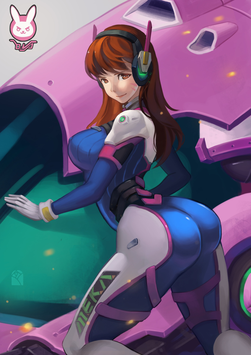 absurdres acronym arched_back ass bangs bodysuit boots bracer breasts brown_eyes brown_hair character_name closed_mouth d.va_(overwatch) facepaint facial_mark from_side gloves headphones highres kneeling large_breasts leizi long_hair long_sleeves looking_at_viewer mecha meka_(overwatch) overwatch pauldrons pilot_suit ribbed_bodysuit shoulder_pads skin_tight smile solo thigh_boots thigh_strap thighhighs turtleneck whisker_markings white_footwear white_gloves