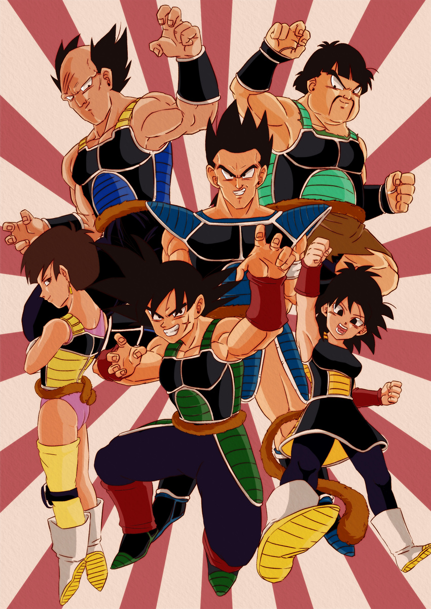 bardock black_eyes black_hair boots brown_eyes brown_hair clenched_hands crossed_arms dragon_ball dragon_ball_z earrings facial_hair facial_scar fighting_stance floating gine grin highres jewelry leotard messy_hair monkey_tail muscle mustache open_mouth panbukin_(dragon_ball) scar scar_on_cheek seripa short_hair skirt smile tail toma_(dragon_ball) tondamanuke toteppo white_footwear wristband