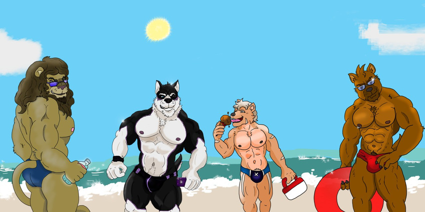 beach big_leo clothing dessert food frost_tiger furrytypist ice_cream jeb looking_at_viewer loop_the_jobber_dog seaside sebastian_king speedo sun swimsuit themaskedlion