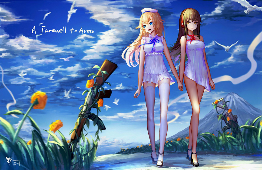 :d ak-47 ak47_(girls_frontline) animal arms_at_sides assault_rifle bare_arms bare_legs bare_shoulders beret bird black_footwear blonde_hair blue_eyes blue_sky breasts brown_eyes brown_hair choker closed_eyes cloud day dress english flock flower full_body girls_frontline grass gun hat headphones holding_hands long_hair m4_carbine m4a1_(girls_frontline) medium_breasts mountain multiple_girls no_legwear no_panties open_mouth orange_flower orange_rose outdoors plant red_ribbon ribbon ribbon_choker rifle road rose shoes short_dress sky sleeveless sleeveless_dress smile strappy_heels text_focus thighhighs very_long_hair walking wangchuan_de_quanyan weapon white_dress white_hat white_legwear zettai_ryouiki