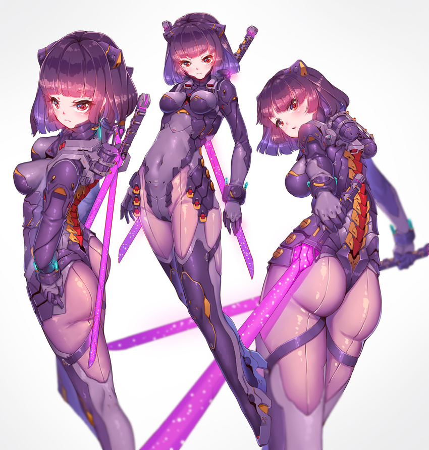 animal_ears armor arms_at_sides ass bangs blunt_bangs blurry blush bob_cut bodysuit boots bracer breasts closed_mouth covered_navel depth_of_field dual_wielding extra_ears eyelashes fangxiang_cuoluan gloves glowing glowing_sword glowing_weapon hand_on_hip high_heel_boots high_heels highres holding holding_sword holding_weapon leotard looking_at_viewer looking_back looking_down mecha_musume mechanical_ears medium_breasts multiple_views original pantyhose purple_hair red_eyes short_hair simple_background spine sword thigh_boots thigh_strap thighhighs thong weapon weapon_on_back