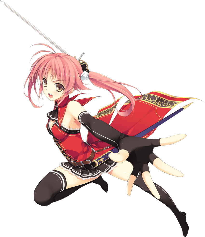 absurdres black_gloves black_legwear breasts brown_eyes elbow_gloves fingerless_gloves gloves hair_ornament highres holding holding_sword holding_weapon kazama_akari koikishi_purely_kiss long_hair open_mouth red_hair side_ponytail simple_background small_breasts solo sword thighhighs weapon white_background yuuki_hagure