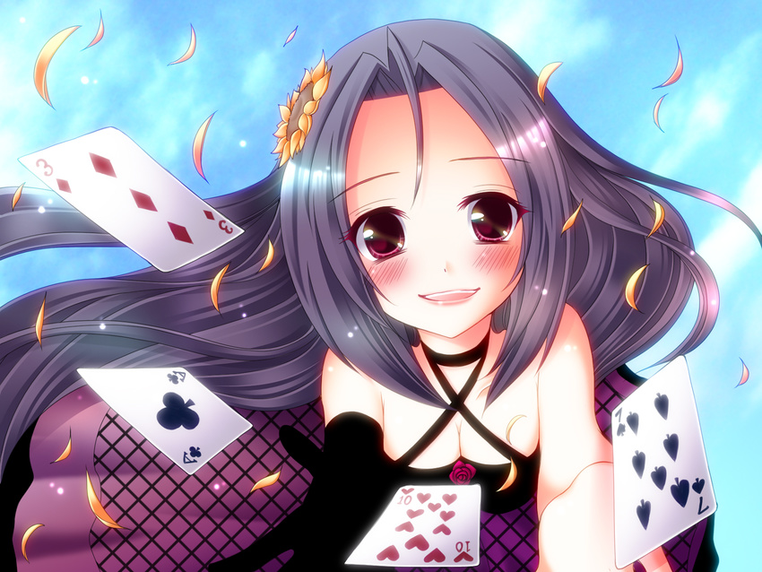 3a07 blue_hair blush breasts card cleavage floating_card flower hair_ornament highres idolmaster idolmaster_(classic) large_breasts long_hair meiya_neon miura_azusa playing_card red_eyes solo