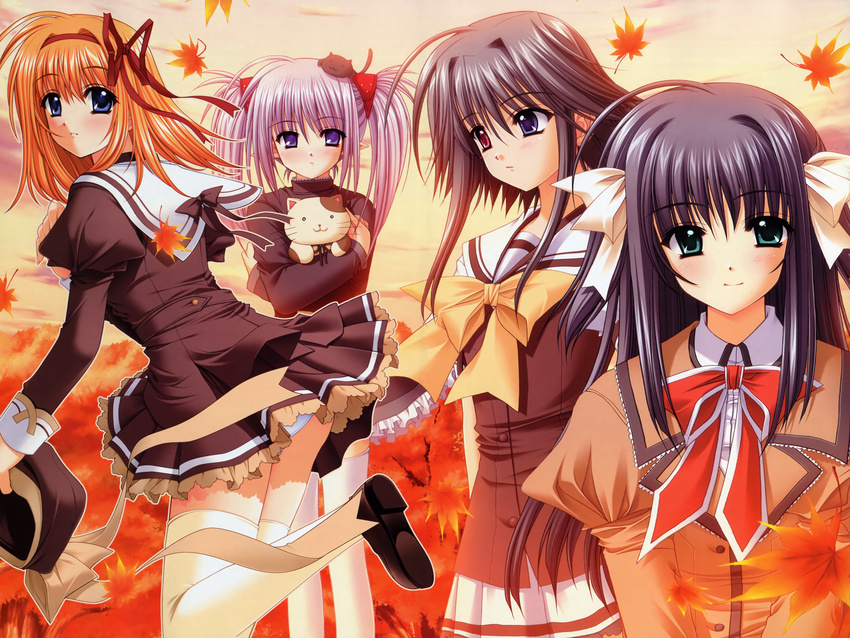 absurdres autumn black_hair blue_eyes blush fuyou_kaede green_eyes hair_ribbon hat heterochromia highres leaf mayumi_thyme multiple_girls nishimata_aoi official_art orange_hair panties pantyshot primula purple_eyes really?_really! ribbon school_uniform short_hair short_hair_with_long_locks shuffle! silver_hair stuffed_animal stuffed_cat stuffed_toy thighhighs twintails underwear yae_sakura zettai_ryouiki