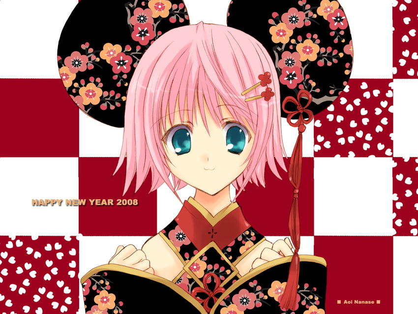 2008 :3 aqua_eyes artist_name chinese_zodiac copyright_request hair_ornament hairclip highres looking_at_viewer nanase_aoi new_year pink_hair short_hair year_of_the_rat