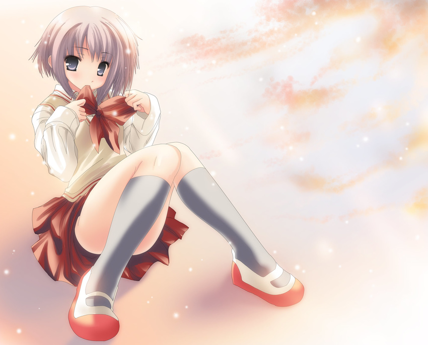 bamboo_blade highres kawazoe_tamaki mouth_hold namamo_nanase ribbon school_uniform short_hair solo wallpaper