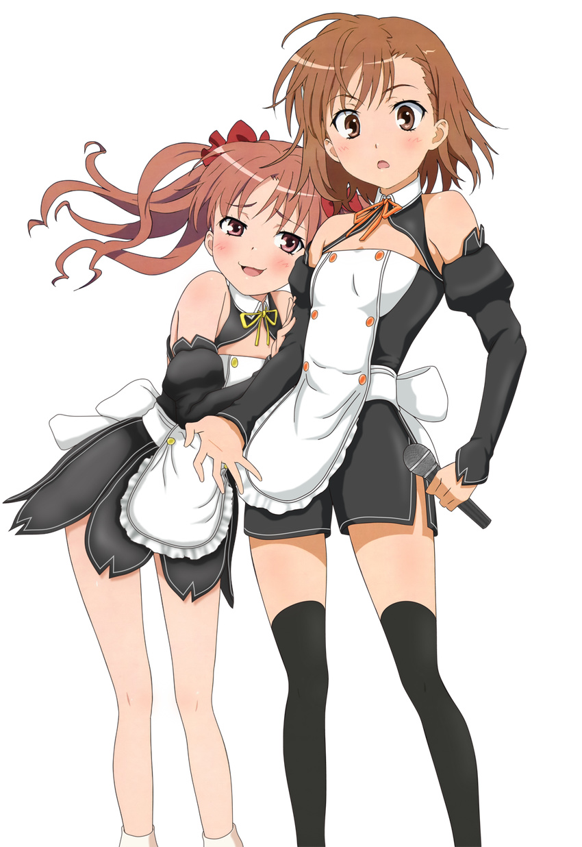 ahoge bare_shoulders black_legwear blush brown_eyes brown_hair cosplay dream_c_club dream_c_club_(series) extraction highres legs long_hair maid microphone misaka_mikoto multiple_girls nao_(dream_c_club) nao_(dream_c_club)_(cosplay) setsu_(dream_c_club) setsu_(dream_c_club)_(cosplay) shirai_kuroko short_hair thighhighs third-party_edit to_aru_kagaku_no_railgun to_aru_majutsu_no_index transparent_background twintails waitress zettai_ryouiki