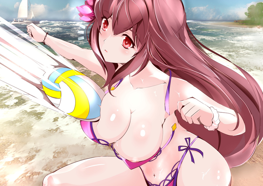 areola_slip areolae beach beach_volleyball bikini blush boat bracelet breasts cleavage fate/grand_order fate_(series) flower hair_flower hair_ornament hibiscus highres inconvenient_breasts jewelry large_breasts long_hair midriff navel ocean purple_hair red_eyes sailboat scathach_(fate)_(all) scathach_(swimsuit_assassin)_(fate) scrunchie side-tie_bikini solo surprised swimsuit syntier13 volleyball wardrobe_malfunction watercraft wrist_scrunchie