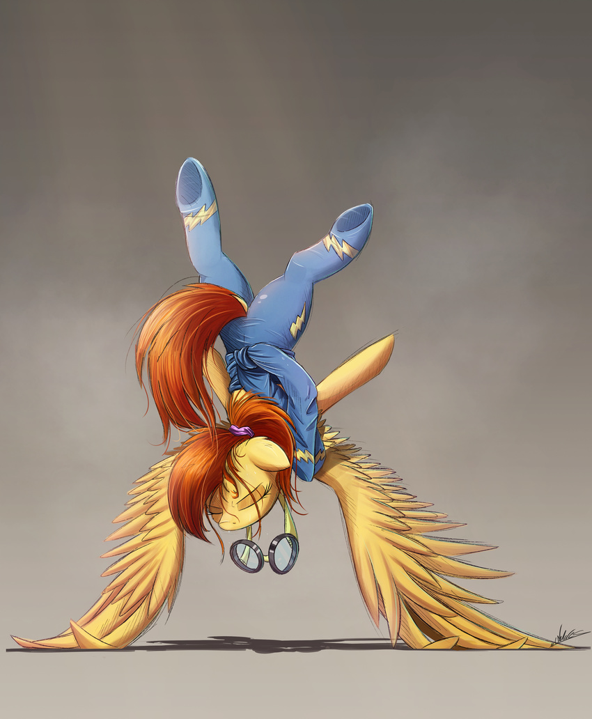 equine eyes_closed eyewear feathered_wings feathers female feral friendship_is_magic fur goggles hair hi_res hooves mammal my_little_pony ncmares pegasus red_hair simple_background solo spitfire_(mlp) tan_fur wings wonderbolts_(mlp)