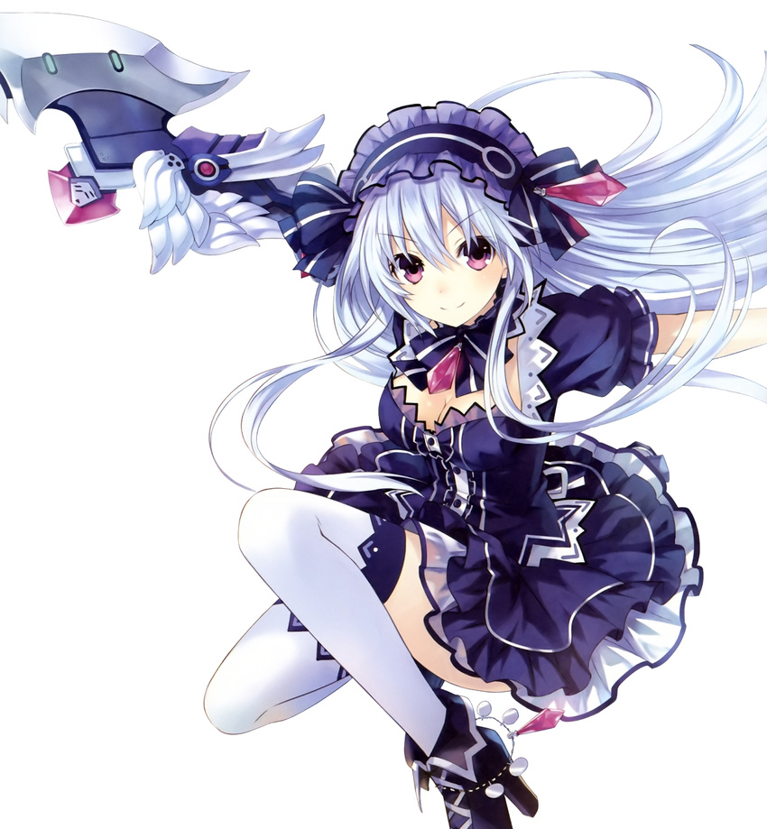 black_dress bonnet bow bowtie choker dress fairy_fencer_f frilled_skirt frills gothic_lolita hair_bow hairband highres holding holding_weapon jewelry kneeling lolita_fashion lolita_hairband long_hair looking_at_viewer official_art puffy_short_sleeves puffy_sleeves red_eyes ribbon short_sleeves simple_background skirt smile solo thigh_strap thighhighs tiara_(fairy_fencer_f) tsunako weapon white_background white_hair white_legwear
