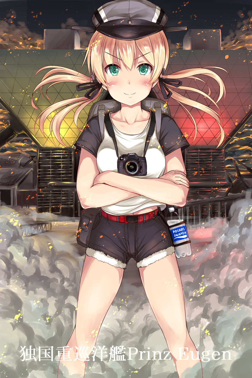 alternate_costume backpack bag blonde_hair blue_eyes blush bottle camera casual comiket crossed_arms gunbuster_pose hat highres ichikawa_feesu kantai_collection long_hair low_twintails md5_mismatch military_hat nikon_(company) peaked_cap pocari_sweat pose prinz_eugen_(kantai_collection) shorts smile smoke solo translation_request twintails