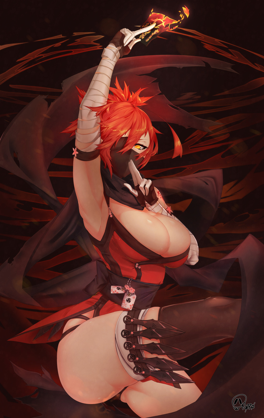 1girl animal_ears arm_up armpits bandages black_legwear breasts cleavage commentary face_mask fighting_stance fox_ears highres kitsu_(skelefuku) kunai large_breasts long_hair mask ninja one-eyed original red_hair skelefuku solo thick_thighs thighhighs thighs weapon yellow_eyes