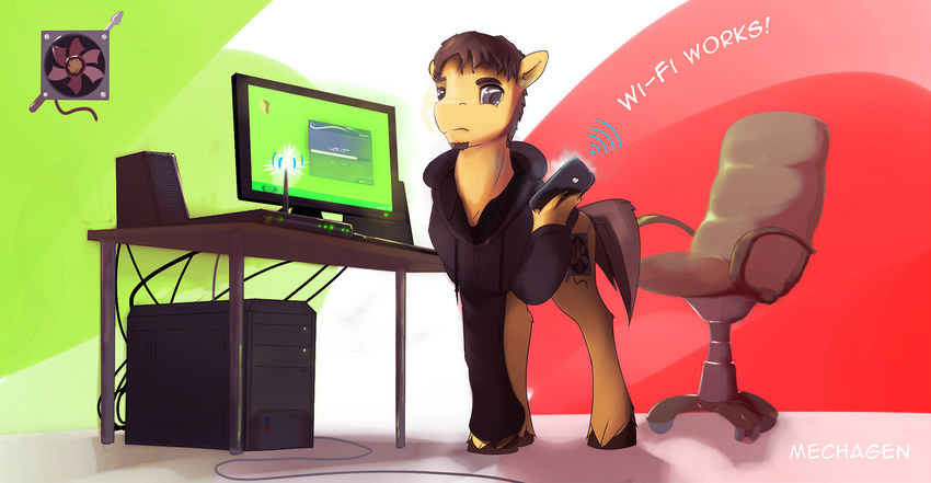 beard brown_eyes brown_hair chair clothing computer cutie_mark earth_pony english_text equine facial_hair fan_character feral hair hoodie hooves horse inside male mammal mechagen my_little_pony pony solo standing text wifi