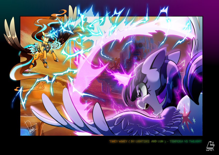2016 absurd_res dormin-kanna duo electricity equine female friendship_is_magic glowing hi_res horn magic mammal my_little_pony princess_tempora twilight_sparkle_(mlp) winged_unicorn wings