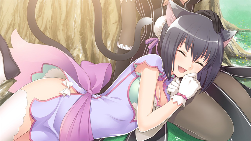 :d ^_^ animal_ears armpit_peek asymmetrical_clothes bare_arms black_gloves black_hair blade_arcus_from_shining bow bowtie breasts brown_dress bun_cover cat_ears cat_tail china_dress chinese_clothes choker cleavage closed_eyes day double_bun dress eyebrows eyebrows_visible_through_hair fang flower frilled_gloves frills fringe_trim game_cg gloves grass hair_between_eyes happy knees_up lap_pillow legs long_sleeves lying lying_on_lap maxima_enfield medium_breasts multiple_girls no_panties non-web_source open_mouth pantyhose petting purple_dress ribbon sakuya_(shining_blade) seiza shaomei_rin shining_(series) shining_blade shining_hearts shirt shoes short_dress short_hair sitting smile solo_focus striped striped_dress tail tanaka_takayuki taut_clothes taut_shirt thighhighs tongue tree under_tree white_gloves white_legwear