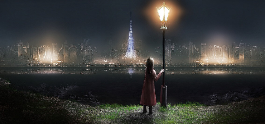 building city_lights cityscape from_behind grass lake lamppost night original outdoors reflection scenery solo tokyo_tower volvox819 water