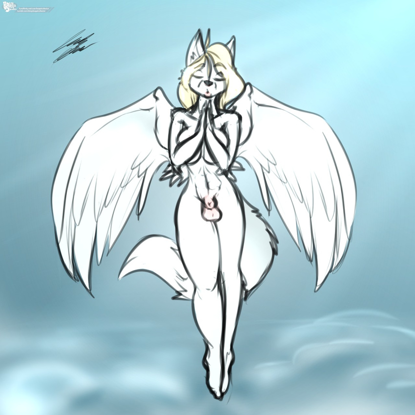 angel animal_genitalia anthro bagelcollector balls big_breasts breasts canine dickgirl eyes_closed feathered_wings feathers fox fully_sheathed fur hair hybrid intersex mammal navel nude sheath simple_background solo white_fur white_hair wings
