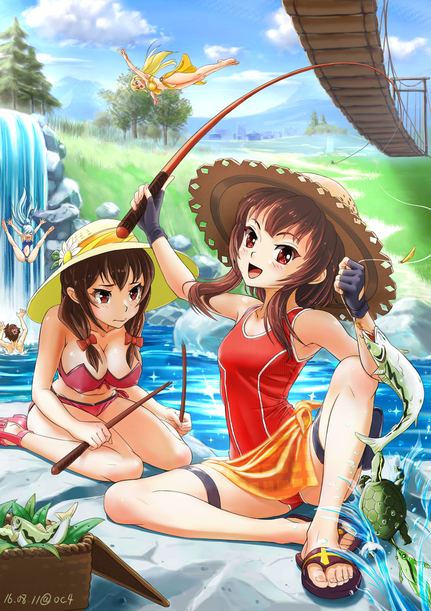 4girls absurdres alternate_costume anger_vein aqua_(konosuba) ass_visible_through_thighs basket bikini black_gloves blush breasts bridge broken brown_hair cleavage cloud darkness_(konosuba) dated day fingerless_gloves fish fishing flower frog front-tie_bikini front-tie_top gloves hanging_bridge hat hat_flower highres holster kono_subarashii_sekai_ni_shukufuku_wo! large_breasts leaning_forward long_hair megumin mountain multiple_girls navel one-piece_swimsuit oshiyon ponytail red_eyes red_swimsuit sandals sarong satou_kazuma side-tie_bikini sitting small_breasts swimsuit tears thigh_holster tree turtle very_long_hair wariza water waterfall yunyun_(konosuba)