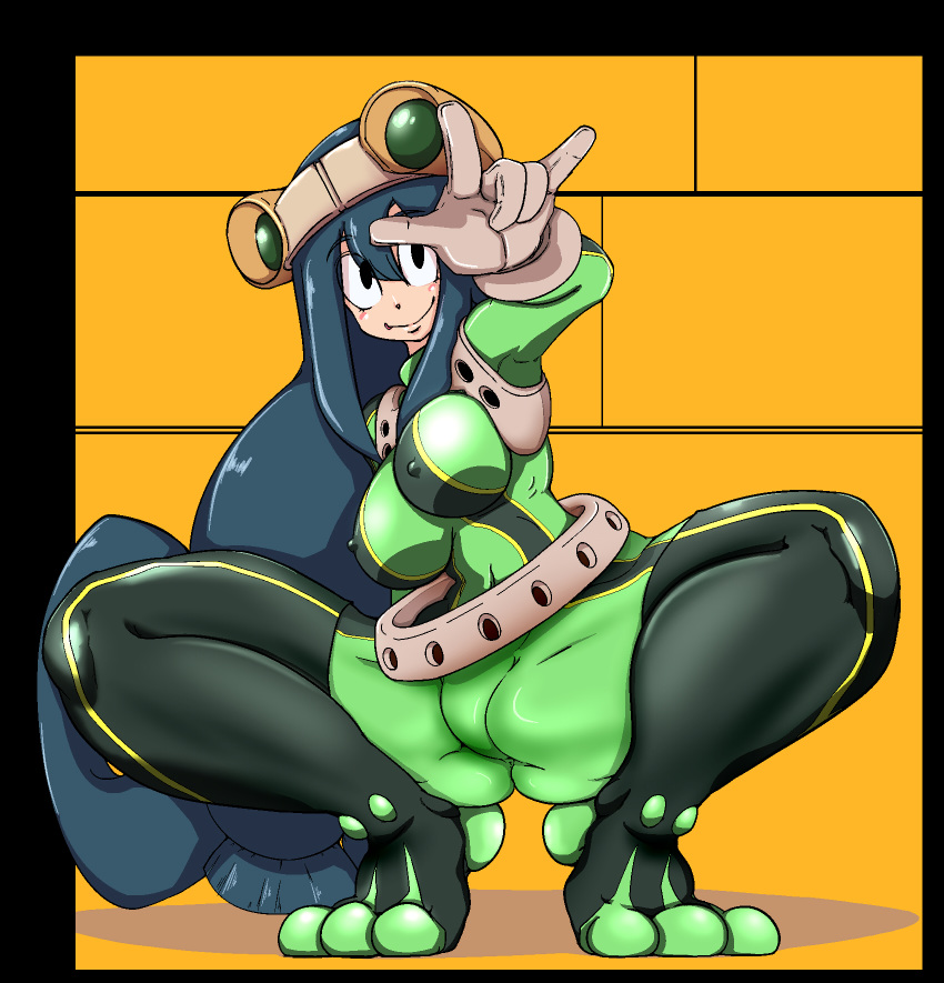 1girl ass asui_tsuyu black_eyes black_hair bodysuit boku_no_hero_academia breasts curvy erect_nipples female frog_girl gloves large_breasts long_hair looking_at_viewer shiny smile solo squatting uirou-zazami