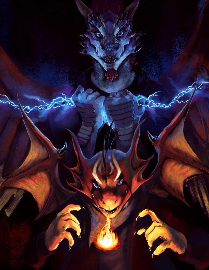 2016 absurd_res anthro bandanna blue_eyes blue_scales bust_portrait carbontrap claws clothed clothing coat dragon dragonnis duo electricity fire frill front_view hi_res hoodie horn looking_at_viewer magic male neckerchief portrait red_scales restricted_palette scales scalie serris sharp_teeth size_difference smile smirk teeth wings