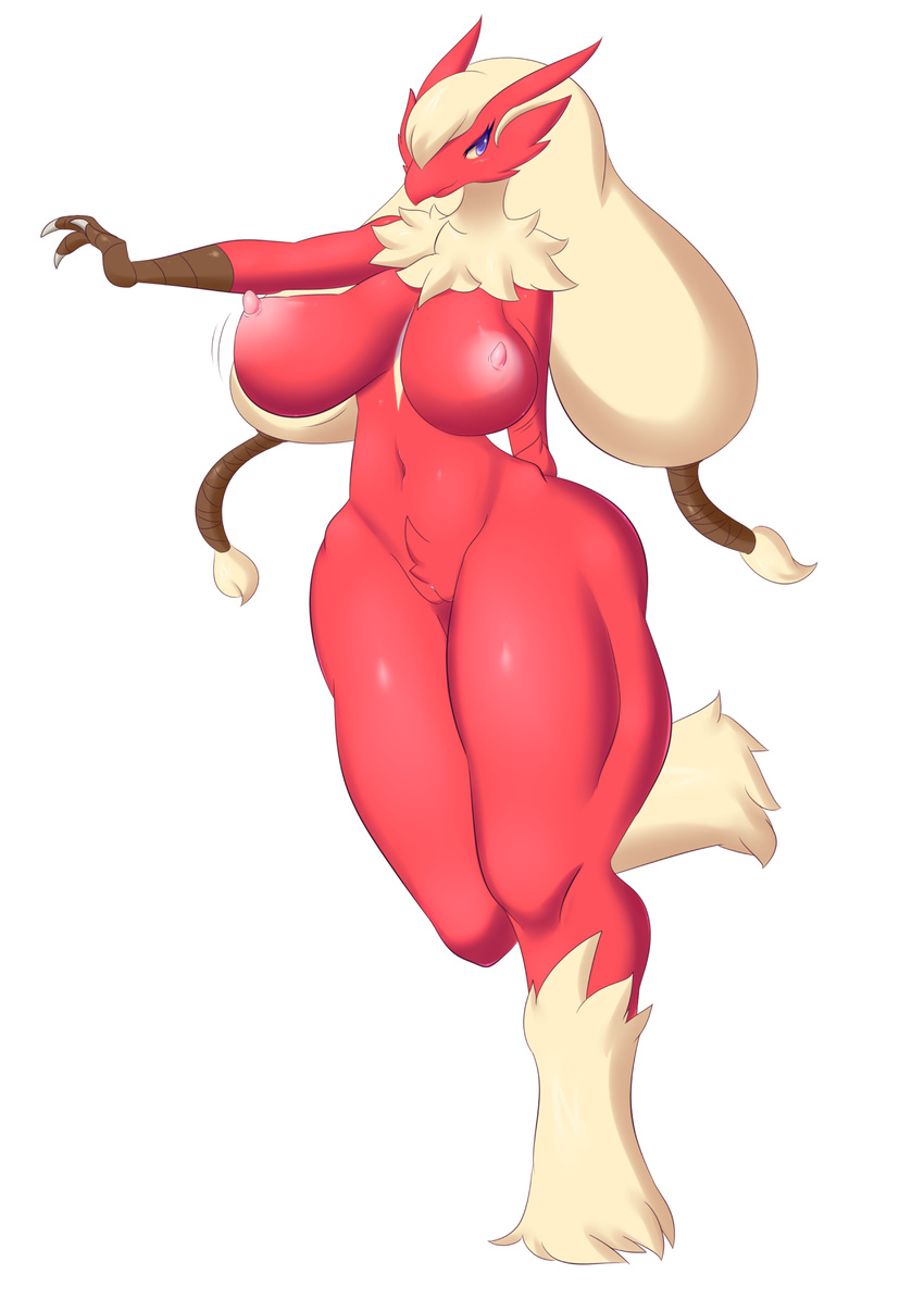 alternate_version_available anthro big_breasts blaziken blonde_hair blue_eyes bouncing_breasts breasts chest_tuft claws female hair jcdr nintendo nipples nude pok&eacute;mon pose pussy solo tuft video_games voluptuous wide_hips