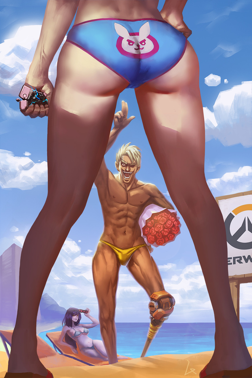 2girls ;d abs alternate_hairstyle anger_vein animal_print arm_up ass ass_focus bare_shoulders beach bikini bikini_bottom billboard blonde_hair blue_bikini blue_sky bouquet breasts bunny_print cameltoe cellphone chair cleavage clenched_hand close-up cloud cloudy_sky collarbone commentary copyright_name crushing d.va_(overwatch) day eyewear_removed fangs flip-flops flower from_behind from_below groin hair_down halter_top halterneck hand_on_hip hand_up head_out_of_frame highres holding holding_eyewear junkrat_(overwatch) legs lips lounge_chair lu_chuang lying male_swimwear medium_breasts midriff multiple_girls muscle navel ocean on_side one_eye_closed open_mouth outdoors overwatch peg_leg phone pigeon-toed purple_lips purple_skin rose salute sandals short_hair signature sky smartphone smile strap_gap sunglasses swim_briefs swimsuit swimwear teeth two-finger_salute view_between_legs water widowmaker_(overwatch) yellow_eyes yellow_swimsuit