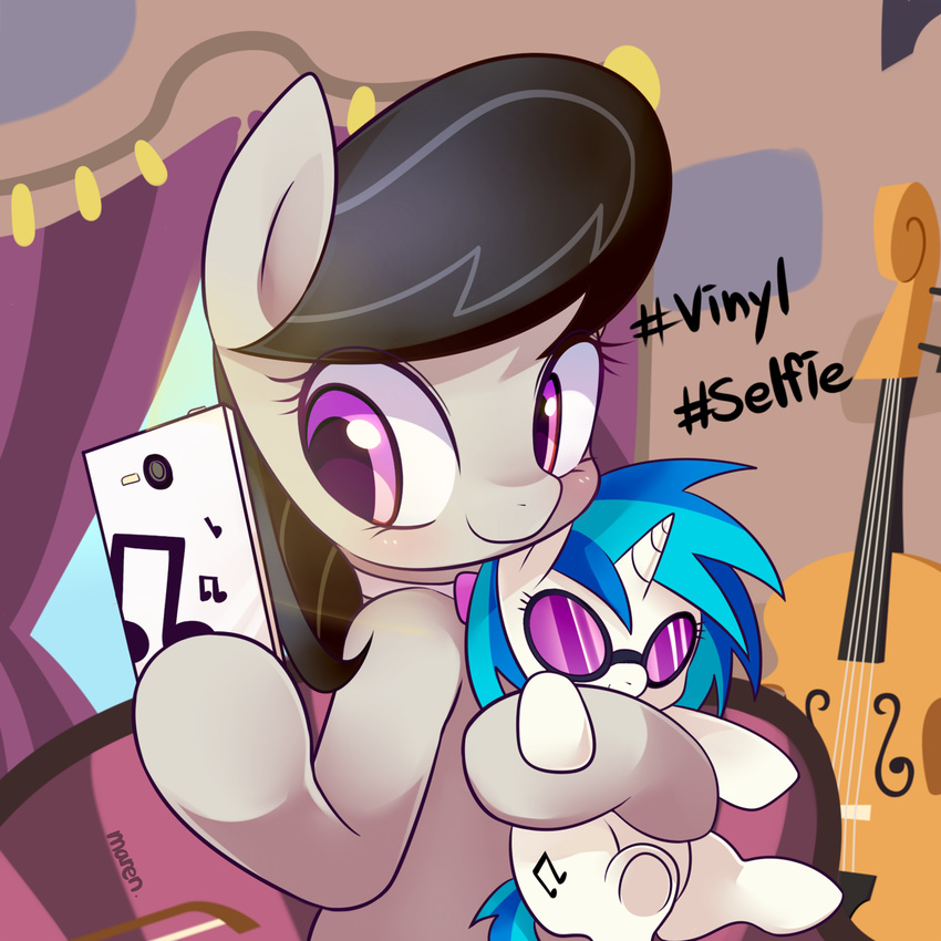 2016 black_hair cello cellphone cute earth_pony english_text equine eyelashes female friendship_is_magic hair hi_res holding_object holding_phone horse mammal marenlicious musical_instrument my_little_pony octavia_(mlp) phone plushie pony purple_eyes selfie smile solo text vinyl_scratch_(mlp)