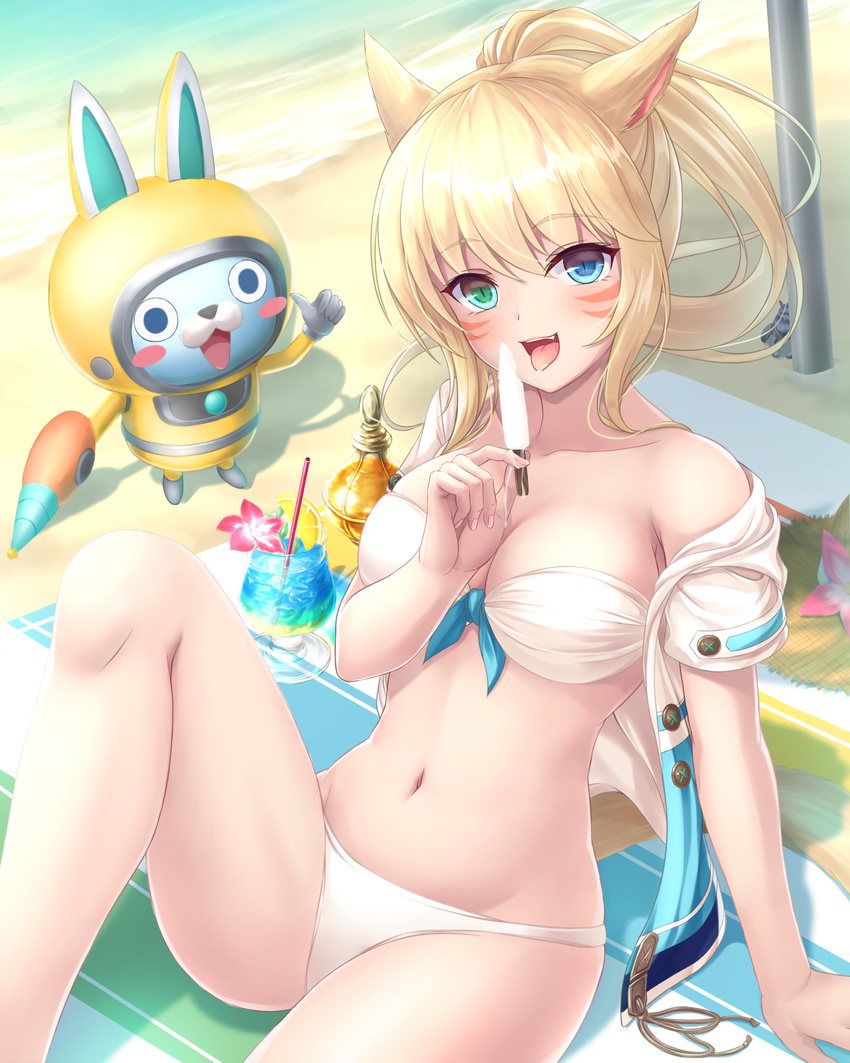 :d animal_ears bare_shoulders beach beach_towel bikini blonde_hair blue_eyes blue_hawaii blush blush_stickers breasts brown_hat cat_ears cat_tail cocktail_glass collarbone creature crossover cup drinking_glass drinking_straw eyebrows eyebrows_visible_through_hair final_fantasy final_fantasy_xiv food front-tie_bikini front-tie_top fruit green_eyes hat hat_removed headwear_removed heterochromia highres holding holding_food knee_up lemon lemon_slice long_hair looking_at_viewer md5_mismatch medium_breasts miqo'te mutsuba_fumi navel off_shoulder open_clothes open_mouth open_shirt orchid outdoors pole sand shadow shirt shore short_sleeves smile stomach strapless strapless_bikini straw_hat swimsuit tail thumbs_up towel tropical_drink unbuttoned unbuttoned_shirt usapyon water whisker_markings white_bikini white_shirt youkai youkai_watch