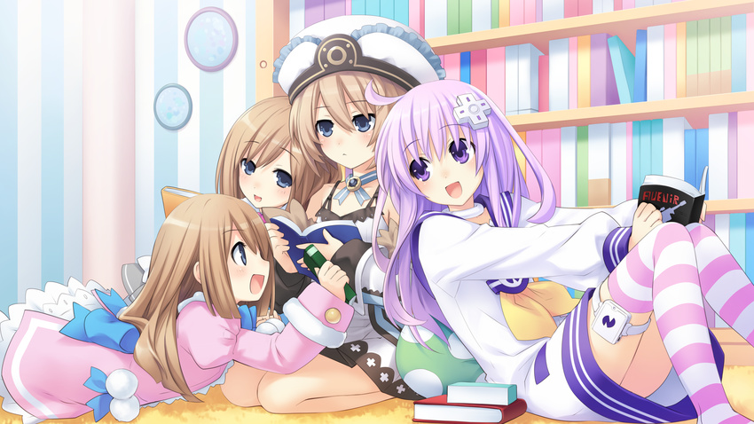 :d absurdres ahoge blanc blue_eyes book bookshelf brown_hair choker choujigen_game_neptune_mk2 d-pad d-pad_hair_ornament dress frilled_hat frills game_cg hair_ornament hat highres holding kneeling long_hair long_sleeves looking_back lying multiple_girls neck_ribbon nepgear neptune_(series) official_art on_stomach open_mouth parted_lips purple_eyes purple_hair ram_(choujigen_game_neptune) reading ribbon rom_(choujigen_game_neptune) school_uniform serafuku short_hair siblings sisters sitting smile striped striped_legwear thigh_strap tsunako twins