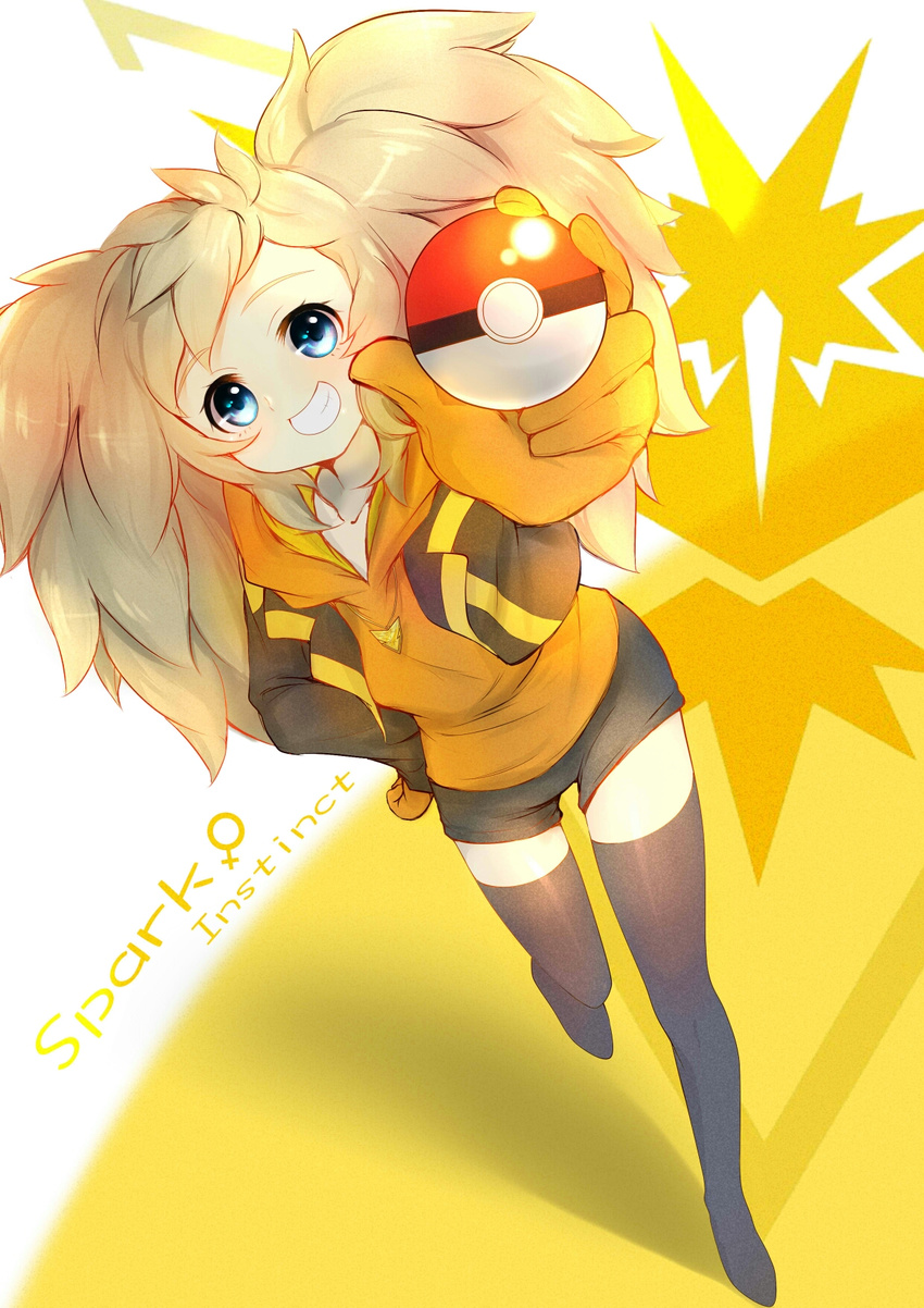 blonde_hair blue_eyes character_name dutch_angle emblem from_above genderswap genderswap_(mtf) gloves grin hand_on_hip highres holding holding_poke_ball hood hoodie jacket jewelry necklace open_clothes open_jacket orange_gloves poke_ball pokemon pokemon_go short_shorts shorts smile solo spark_(pokemon) team_instinct thighhighs twintails yedda50431