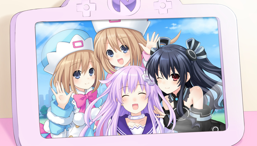 absurdres bare_shoulders black_hair blue_eyes blush brown_hair closed_eyes d-pad d-pad_hair_ornament game_cg hair_ornament hat highres long_hair looking_at_viewer multiple_girls nepgear neptune_(series) official_art one_eye_closed open_mouth photo_(object) picture_frame purple_hair ram_(choujigen_game_neptune) red_eyes rom_(choujigen_game_neptune) short_hair siblings sisters smile tsunako twins two_side_up uni_(choujigen_game_neptune)