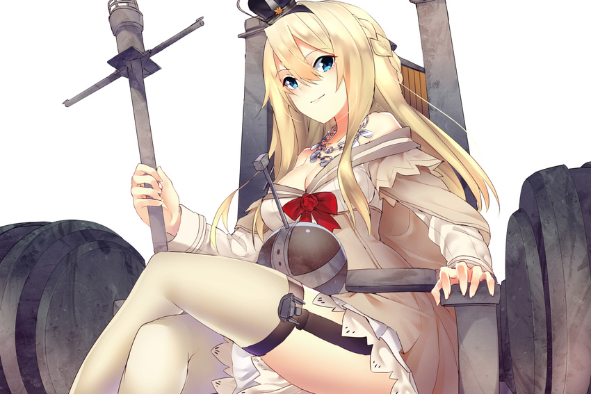 black_hat blonde_hair blue_eyes blush bow braid breasts cleavage crossed_legs dress french_braid garter_straps glint globus_cruciger hair_between_eyes hairband hat highres jewelry jun_project kantai_collection long_hair long_sleeves looking_at_viewer machinery medium_breasts necklace off-shoulder_dress off_shoulder red_bow simple_background sitting solo thighhighs thighs throne warspite_(kantai_collection) white_background yellow_dress yellow_legwear zettai_ryouiki