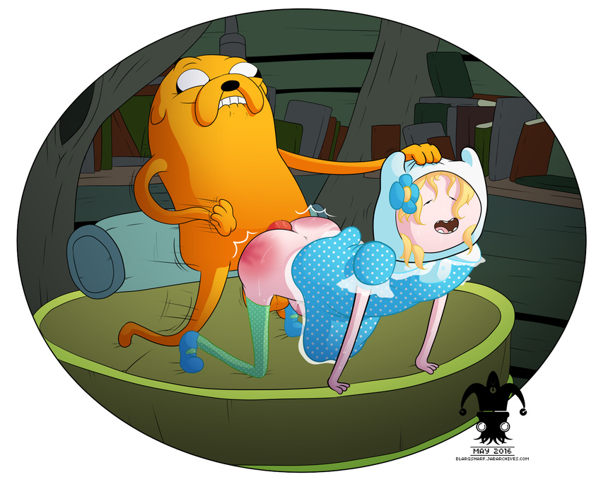 2016 adventure_time anal anal_penetration blargsnarf canine cartoon_network clothed clothing crossdressing dog finn_the_human human interspecies jake_the_dog male male/male mammal open_mouth orgasm penetration penis