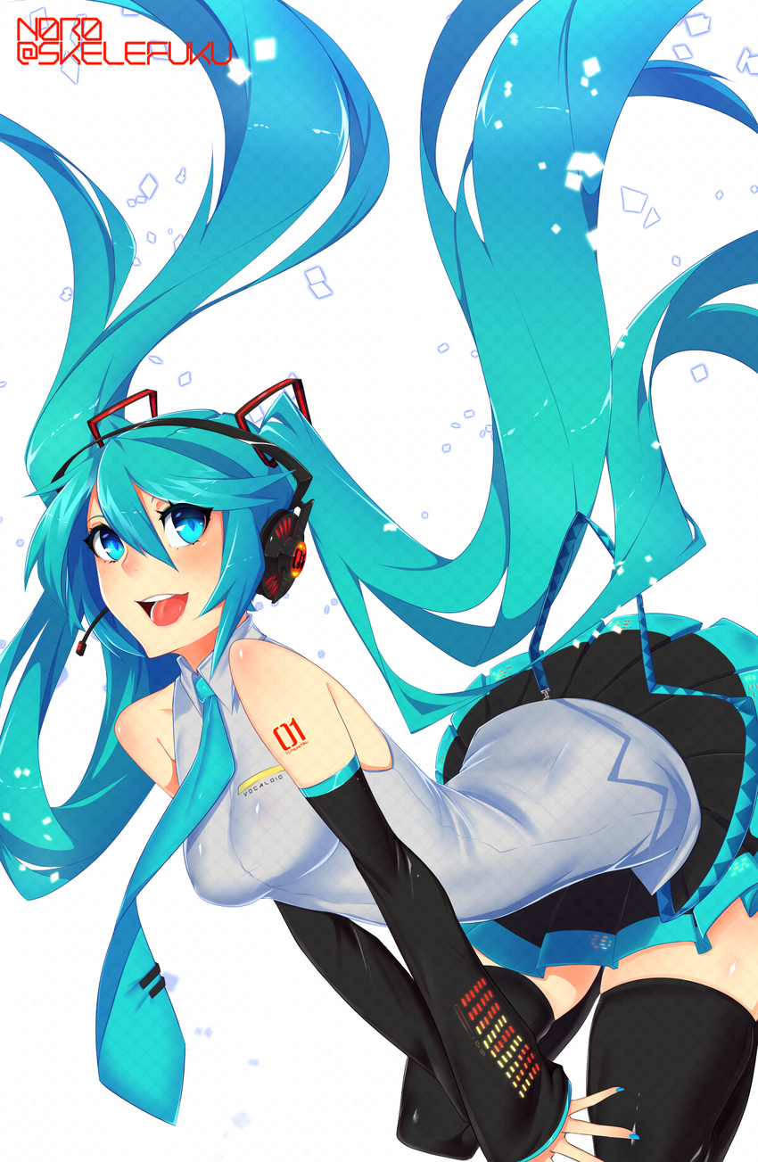 bad_id bad_pixiv_id blue_eyes green_hair hatsune_miku headset highres long_hair necktie open_mouth skelefuku skirt sleeveless solo thighhighs twintails very_long_hair vocaloid