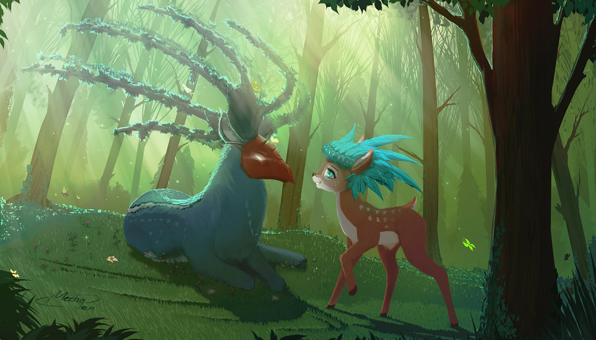 black_nose blue_eyes blue_hair cervine day deer detailed_background eye_contact feral fur grass hair hooves lying mammal mechagen outside smile spots spotted_fur standing tan_fur unknown_species white_eyes white_spots