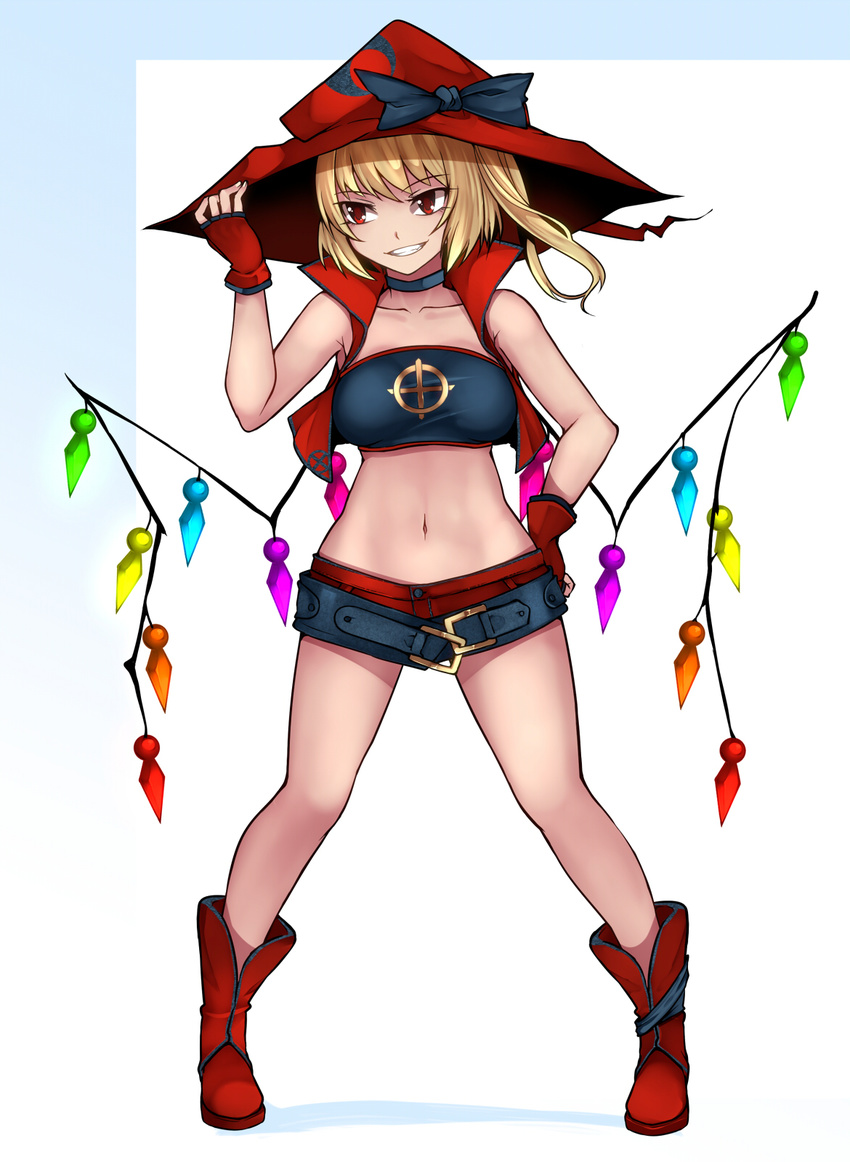 alternate_costume ankle_boots aoshima asymmetrical_hair bandeau belt belt_buckle black_bow blonde_hair boots bow breasts buckle buttons choker collarbone commentary_request crescent crystal demon_wings fingerless_gloves flandre_scarlet full_body gloves grin hand_on_headwear hand_on_hip hand_up hat hat_bow hat_ornament highres legs_apart looking_to_the_side medium_breasts navel older open_clothes open_vest parted_lips rainbow_order red_eyes red_footwear red_gloves red_hat red_shorts red_vest short_hair short_shorts shorts side_ponytail simple_background smile solo standing stomach strapless teeth touhou vest white_background wings