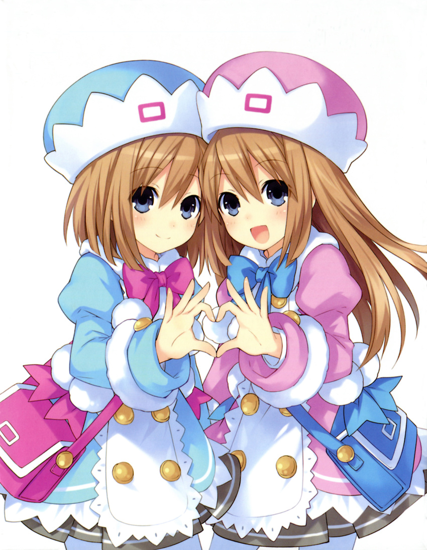 absurdres blue_eyes blush brown_hair hat heart highres long_hair looking_at_viewer multiple_girls neptune_(series) official_art open_mouth pantyhose ram_(choujigen_game_neptune) rom_(choujigen_game_neptune) short_hair siblings sisters smile tsunako twins