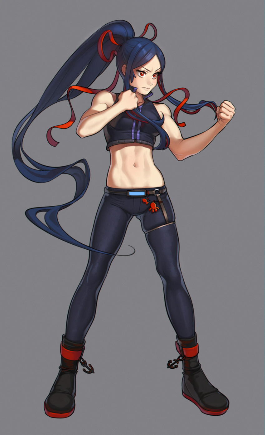 1girl anchor black_footwear black_hair breasts clenched_hands commission crop_top fighting_stance grey_background hair_ribbon high_ponytail highres long_hair midriff multicolored_hair navel original red_eyes red_hair revolmxd ribbon sidelocks sleeveless small_breasts solo toned two-tone_hair very_long_hair