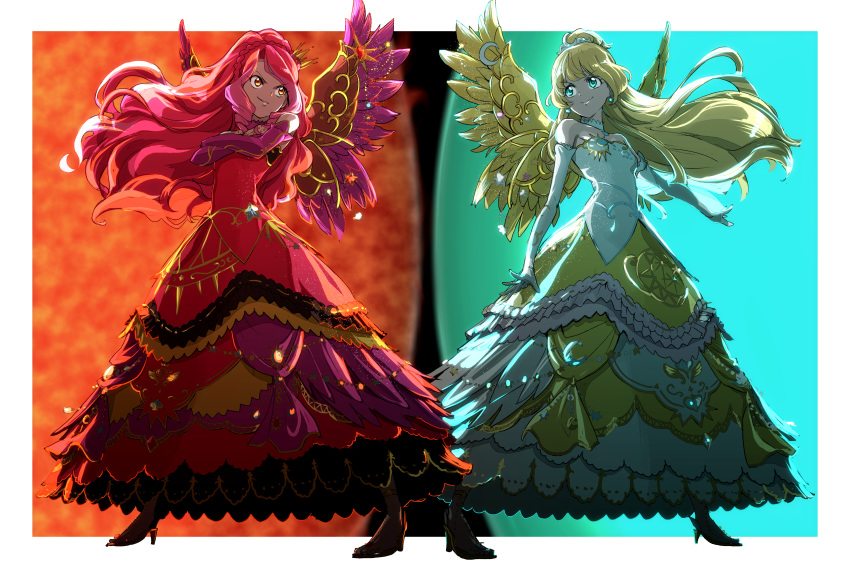 2girls absurdres after_(artist) aikatsu! aikatsu!_(series) aikatsu_stars! blonde_hair blue_eyes braid breasts crossed_arms crown detached_collar dress elbow_gloves elza_forte eyebrows_visible_through_hair floating frills full_body gloves hair_ornament highres jewelry long_hair looking_at_another multiple_girls pink_hair ponytail shiratori_hime simple_background small_breasts smile smirk standing very_long_hair wings yellow_eyes