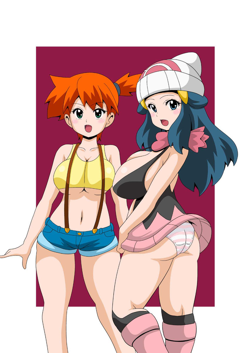 ass blue_eyes blue_hair blush breasts cleavage crop_top denim denim_shorts green_eyes gym_leader hat highres hikari_(pokemon) kasumi_(pokemon) koutarosu large_breasts long_hair looking_at_viewer looking_back microskirt multiple_girls navel orange_hair panties pokemon pokemon_(anime) pokemon_(game) short_hair shorts side_ponytail simple_background skirt smile striped striped_panties suspenders thighs underboob underwear