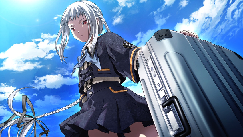 blue_bow blue_shirt blue_skirt bow bowtie braid briefcase buttons closed_mouth cloud cloudy_sky day dunamis_15 ears emblem expressionless eyebrows fingers from_below game_cg grey_ribbon hair_ribbon hands holding_briefcase legs long_braid long_hair looking_at_viewer looking_down miniskirt nagahama_megumi non-web_source pleated_skirt red_eyes ribbon school_uniform setsu_chihaya shirt skirt sky solo striped upper_body white_hair white_shirt